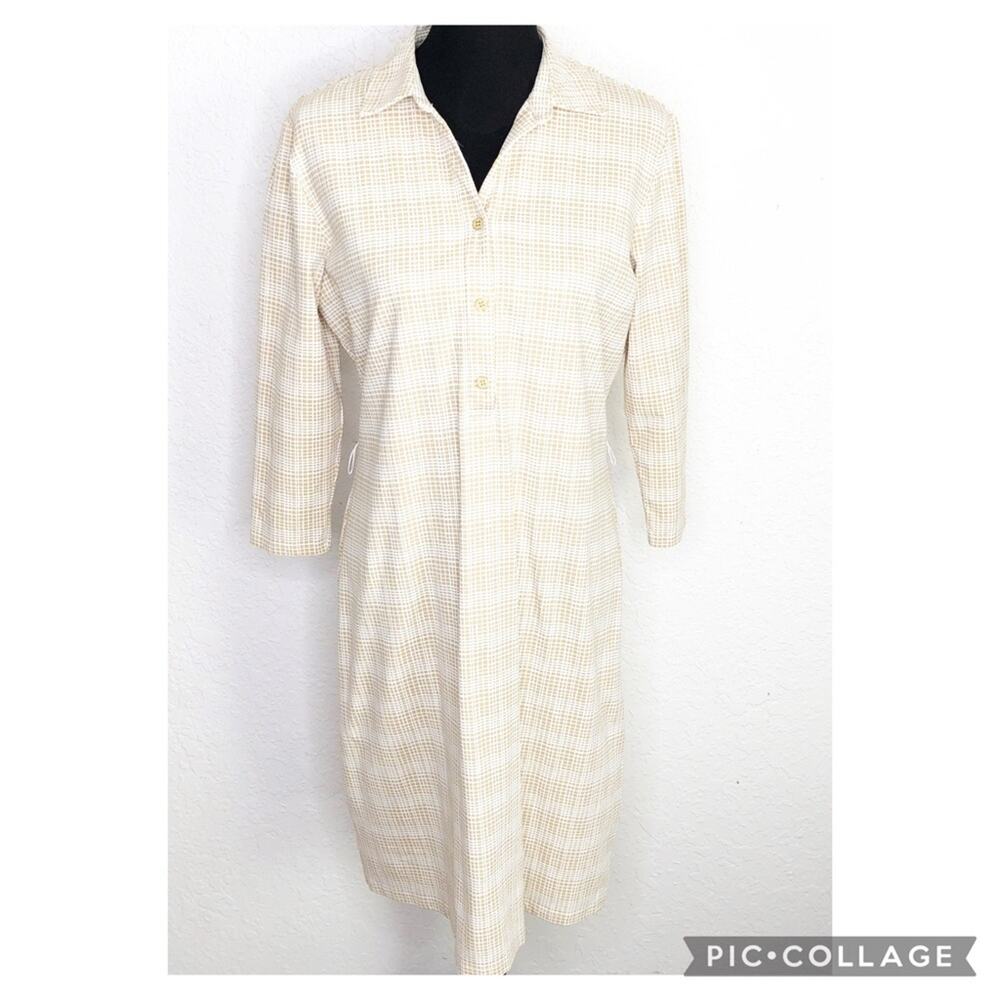 J McLaughlin white tan striped plaid popover‎ dress size Large